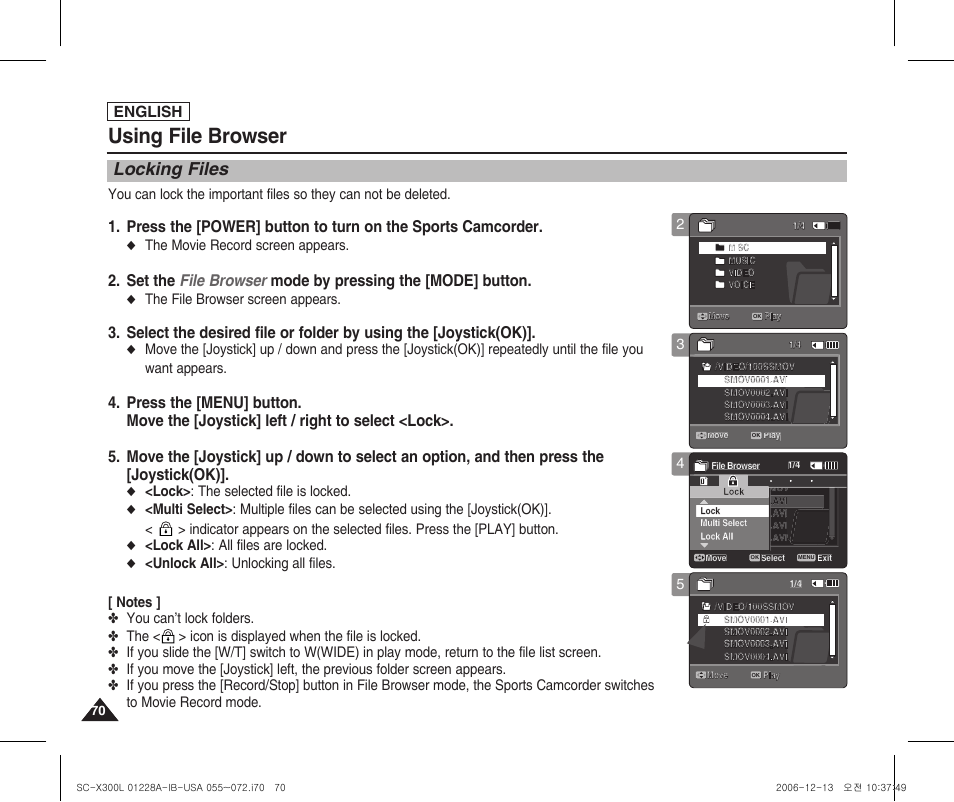 Locking files, Using file browser, English | The movie record screen appears, The file browser screen appears, Lock> : the selected file is locked, Lock all> : all files are locked | Samsung SC-X300L-XAA User Manual | Page 74 / 119