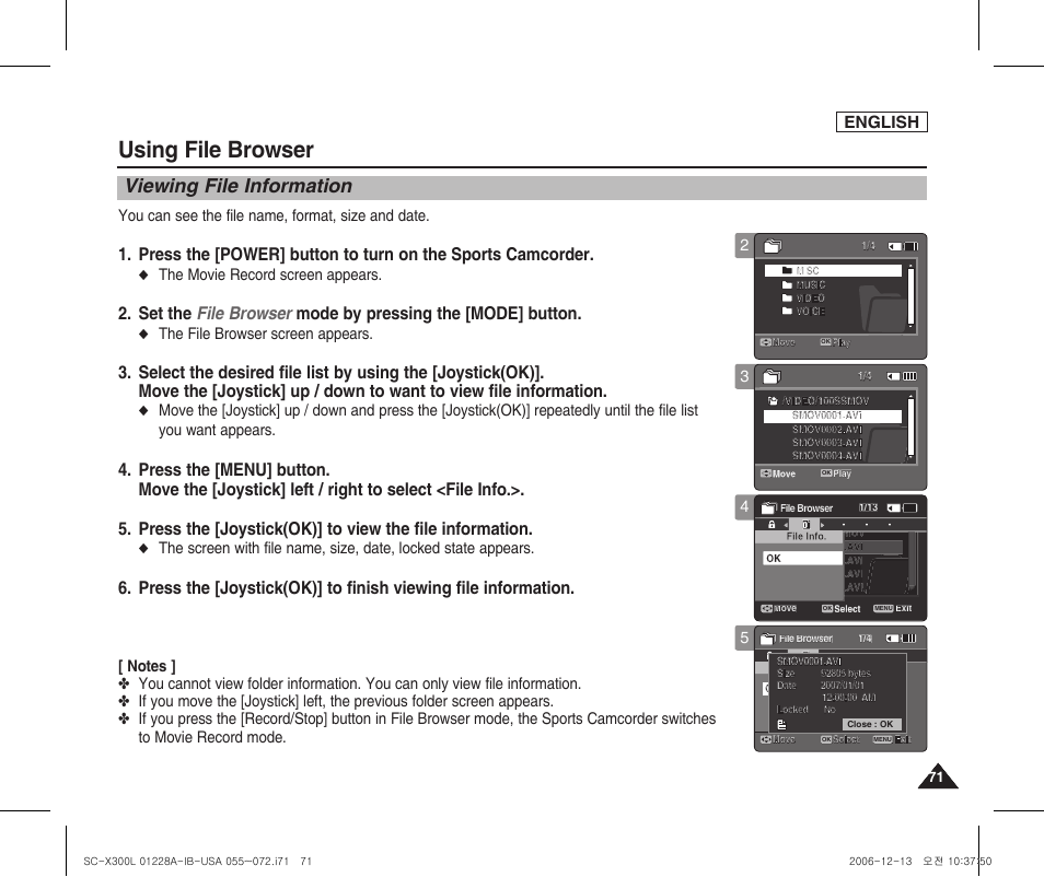 Viewing file information, Using file browser, English | You can see the file name, format, size and date, The movie record screen appears, The file browser screen appears | Samsung SC-X300L-XAA User Manual | Page 75 / 119