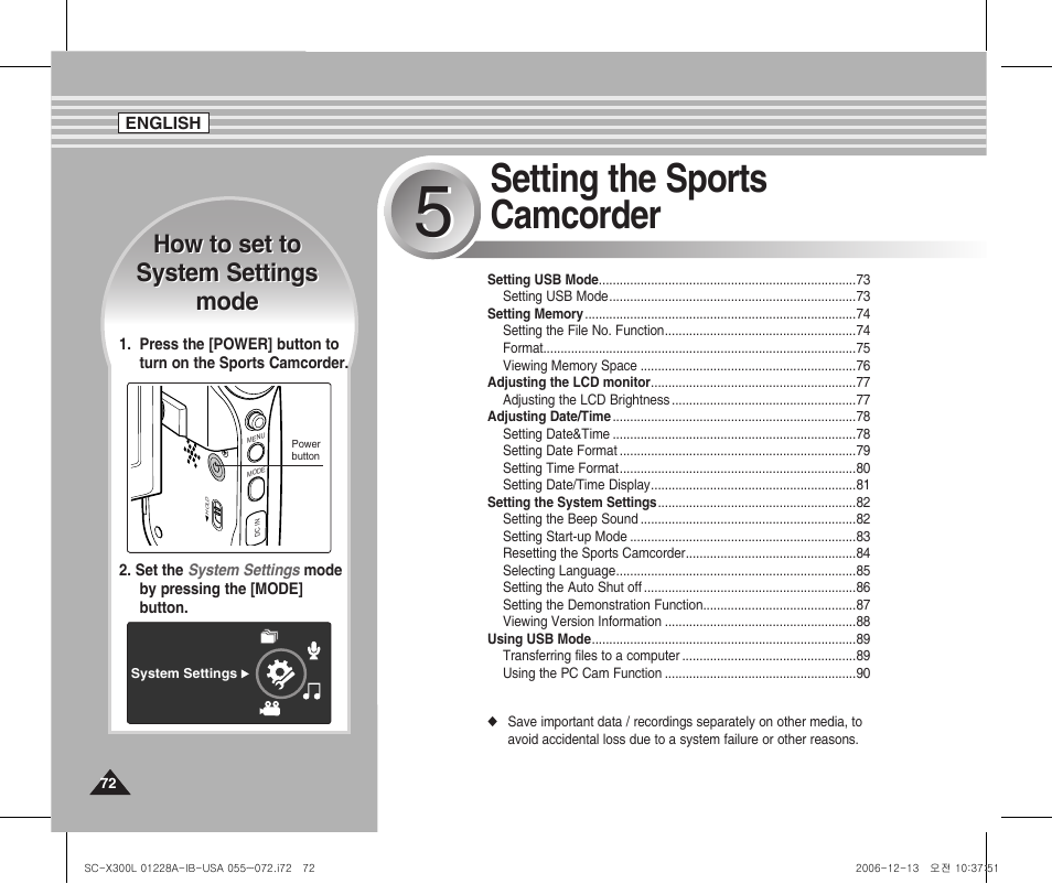 Setting the sports camcorder | Samsung SC-X300L-XAA User Manual | Page 76 / 119