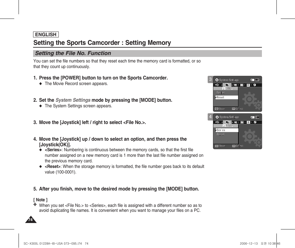 Setting memory, Setting the file no. function | Samsung SC-X300L-XAA User Manual | Page 78 / 119