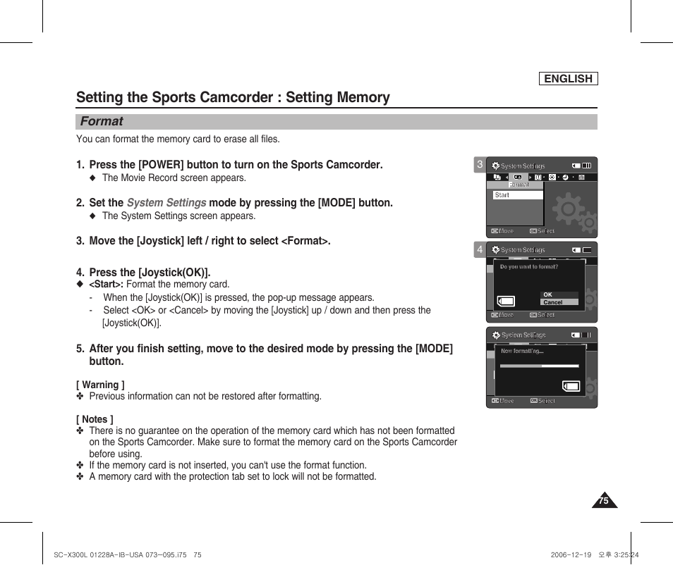 Format, English, The movie record screen appears | The system settings screen appears | Samsung SC-X300L-XAA User Manual | Page 79 / 119