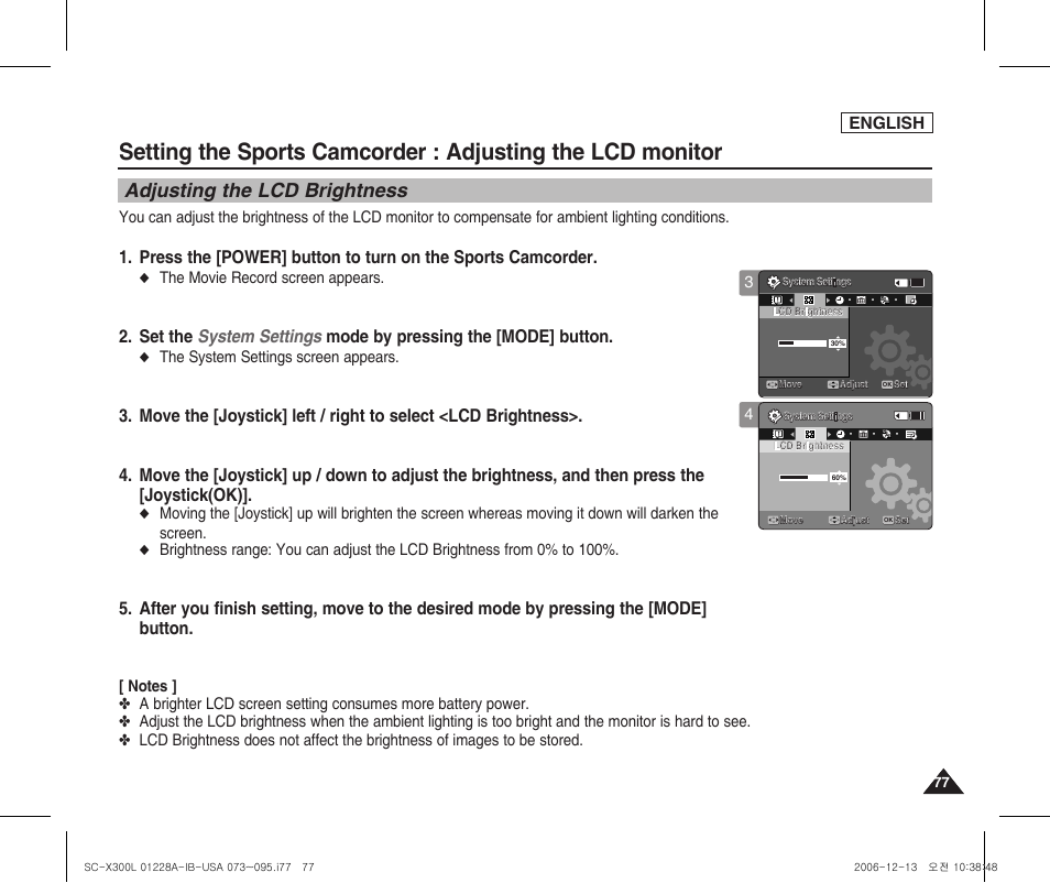 Adjusting the lcd monitor, Adjusting the lcd brightness, English | The movie record screen appears, The system settings screen appears | Samsung SC-X300L-XAA User Manual | Page 81 / 119