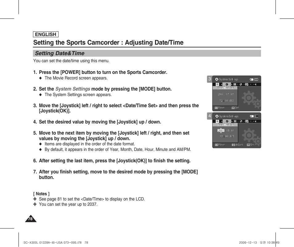 Adjusting date/time, Setting date&time, Setting the sports camcorder : adjusting date/time | English, You can set the date/time using this menu, The movie record screen appears, The system settings screen appears | Samsung SC-X300L-XAA User Manual | Page 82 / 119