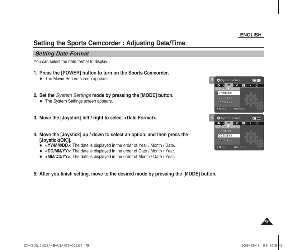 Setting date format, Setting the sports camcorder : adjusting date/time, English | You can select the date format to display, The movie record screen appears, The system settings screen appears | Samsung SC-X300L-XAA User Manual | Page 83 / 119