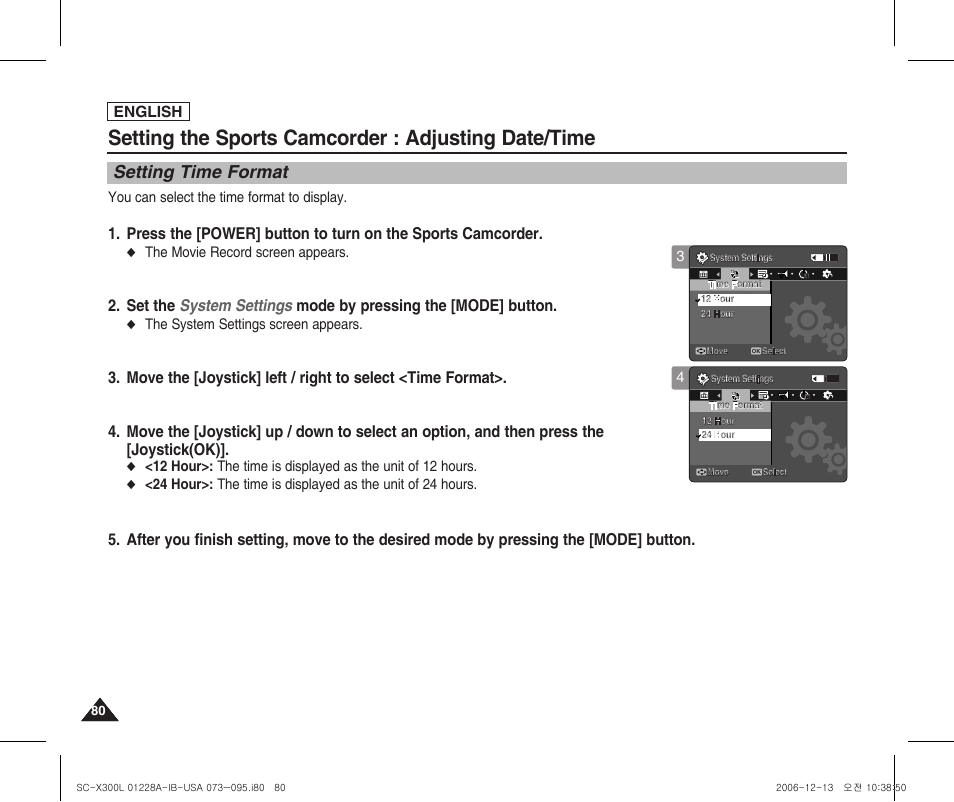 Setting time format, Setting the sports camcorder : adjusting date/time, English | You can select the time format to display, The movie record screen appears, The system settings screen appears | Samsung SC-X300L-XAA User Manual | Page 84 / 119