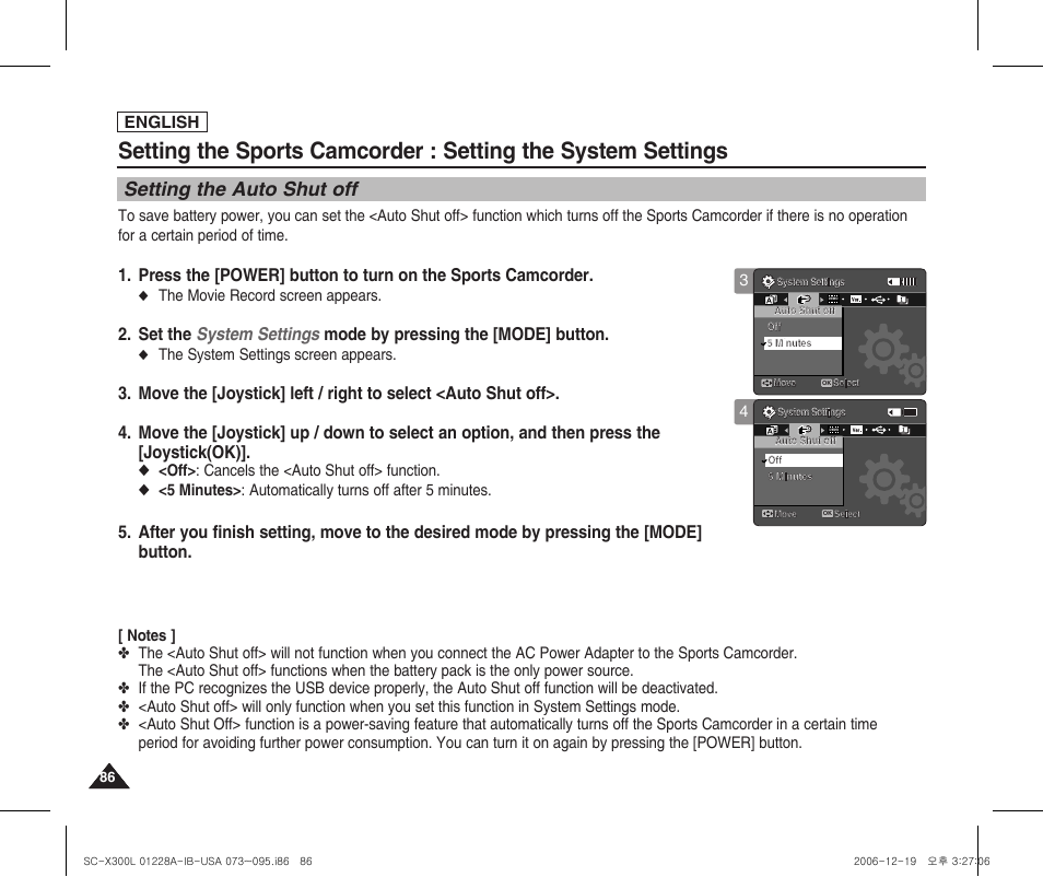 Setting the auto shut off, English | Samsung SC-X300L-XAA User Manual | Page 90 / 119