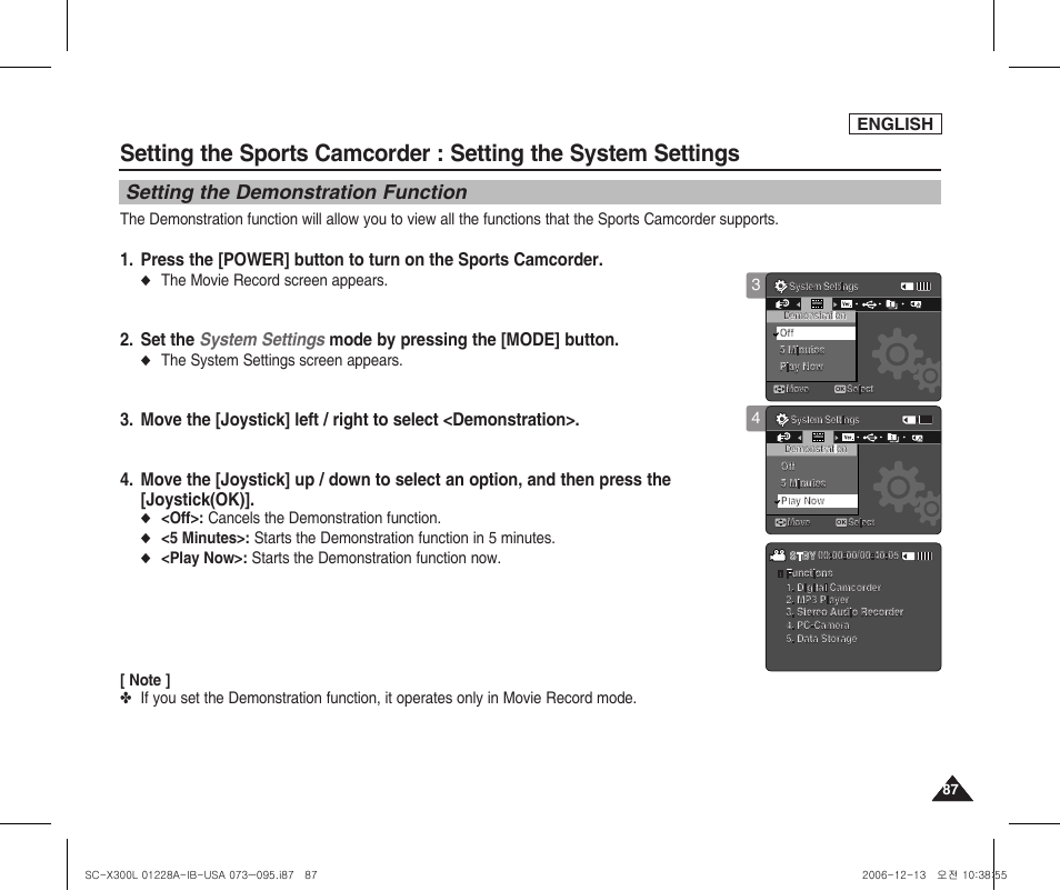 Setting the demonstration function, English, The movie record screen appears | The system settings screen appears, Off>: cancels the demonstration function | Samsung SC-X300L-XAA User Manual | Page 91 / 119