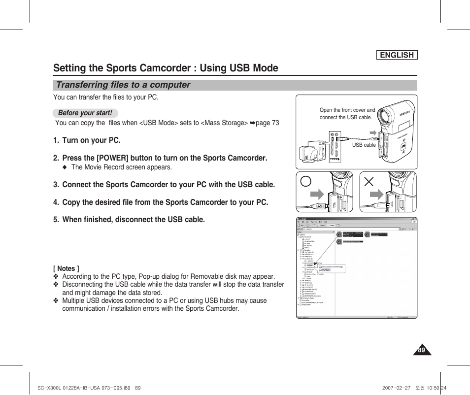 Using usb mode, Transferring files to a computer, Setting the sports camcorder : using usb mode | Samsung SC-X300L-XAA User Manual | Page 93 / 119