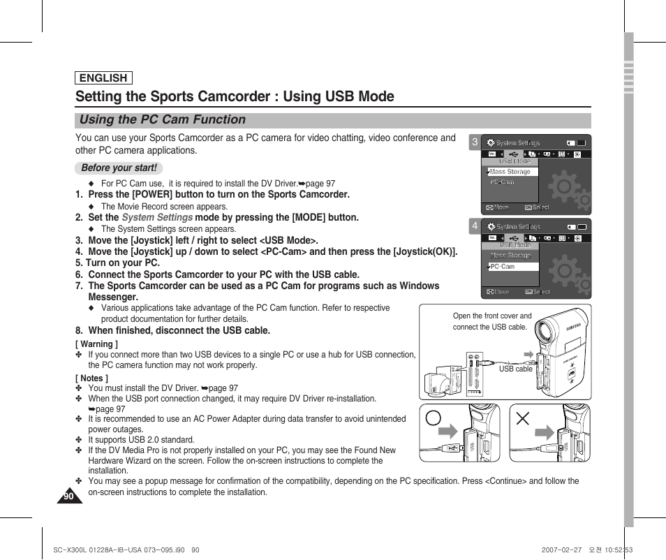 Using the pc cam function, Setting the sports camcorder : using usb mode, English | Samsung SC-X300L-XAA User Manual | Page 94 / 119