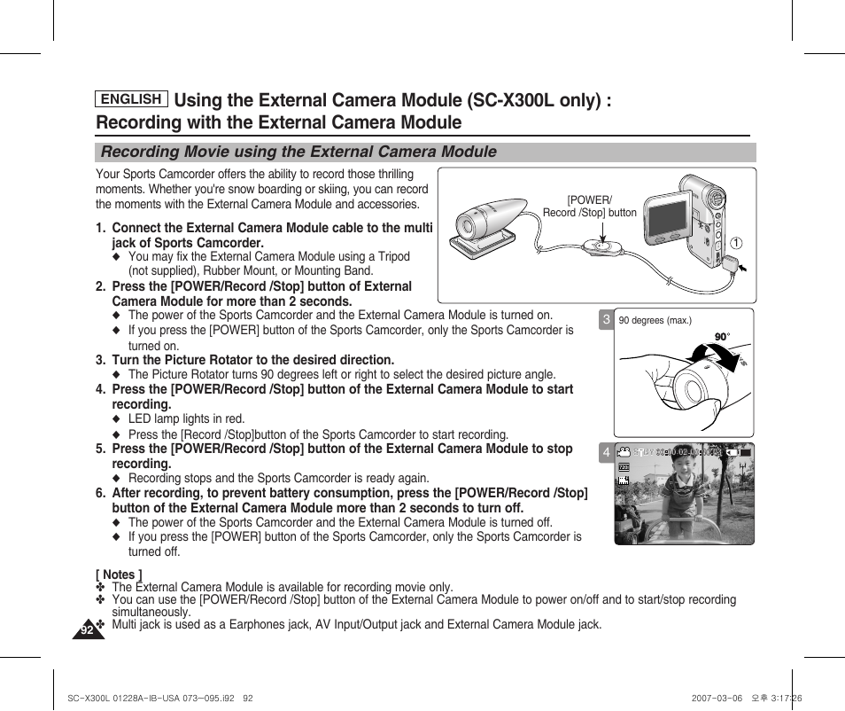 Recording with the external camera module, Recording movie using the external camera module | Samsung SC-X300L-XAA User Manual | Page 96 / 119