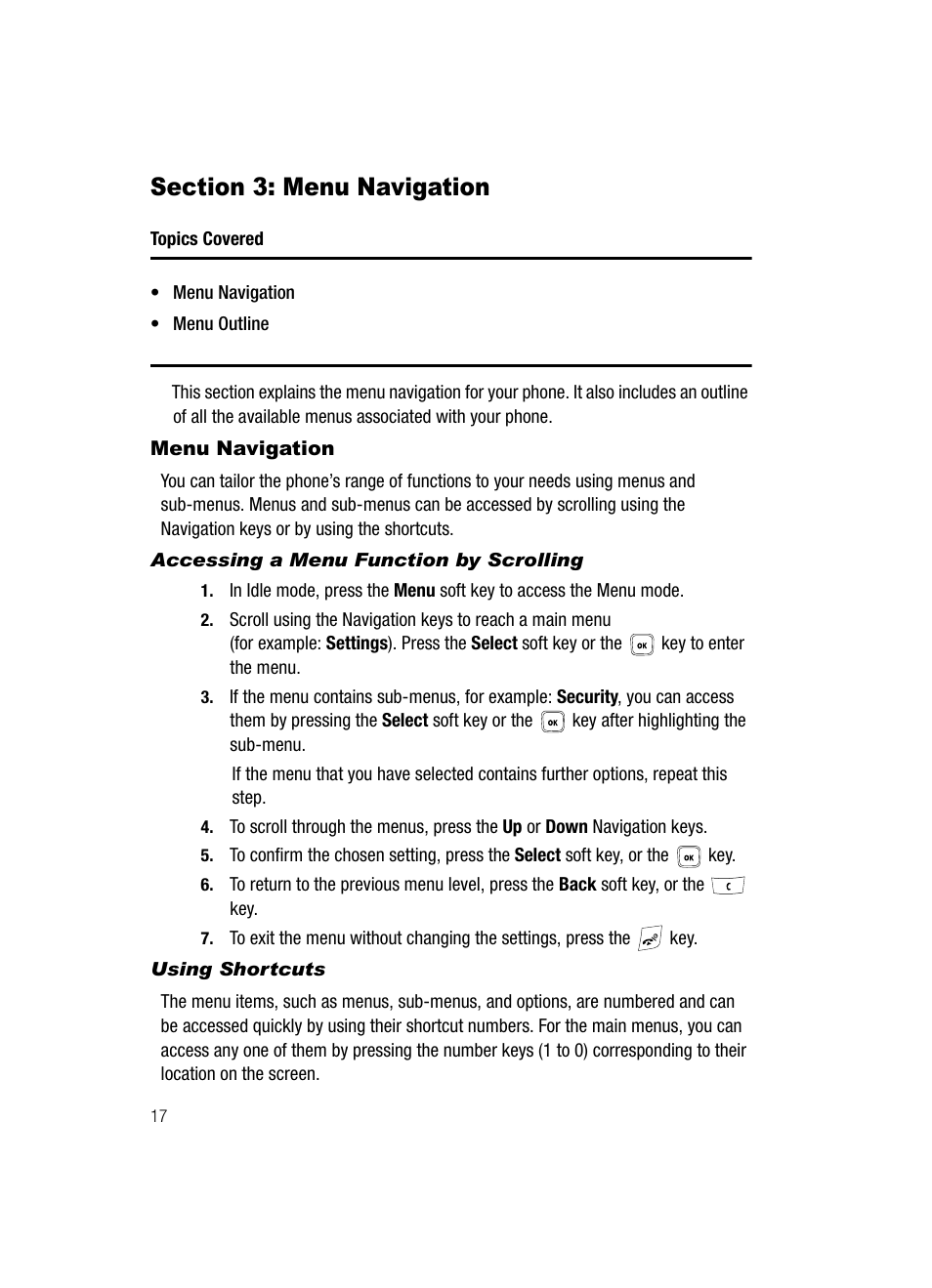 Section 3: menu navigation, Menu navigation | Samsung SGH-T429OBATMB User Manual | Page 20 / 139