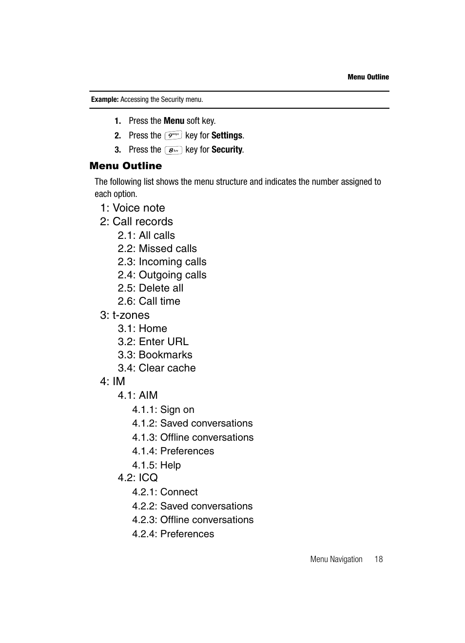 Menu outline, T-zones | Samsung SGH-T429OBATMB User Manual | Page 21 / 139