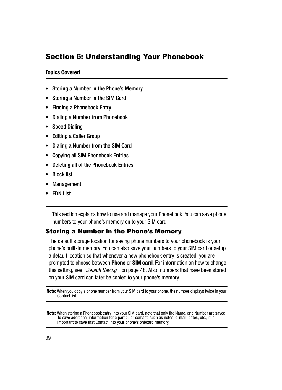 Section 6: understanding your phonebook, Storing a number in the phone’s memory | Samsung SGH-T429OBATMB User Manual | Page 43 / 139