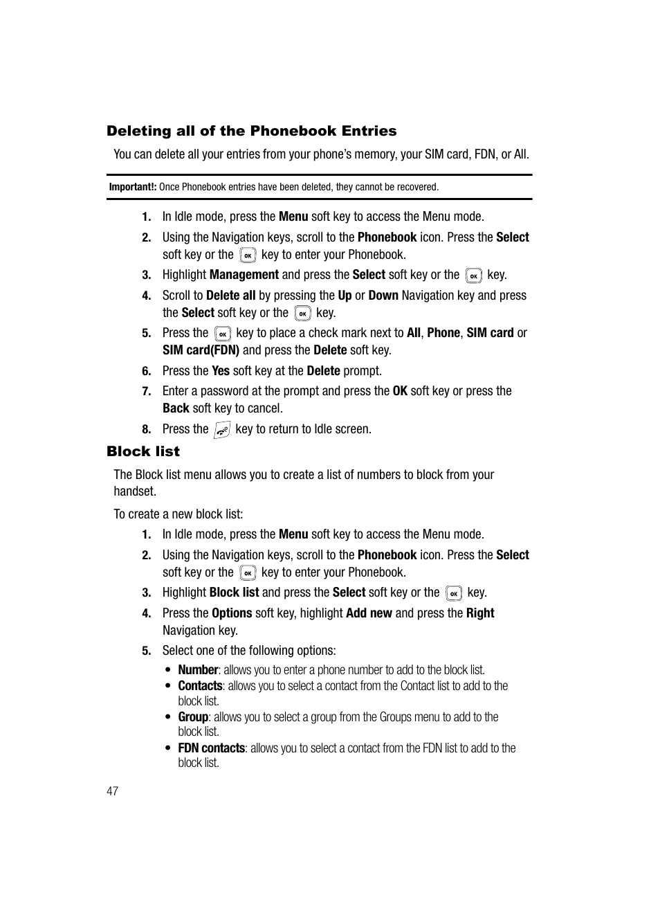 Deleting all of the phonebook entries block list, Deleting all of the phonebook entries, Block list | Samsung SGH-T429OBATMB User Manual | Page 51 / 139