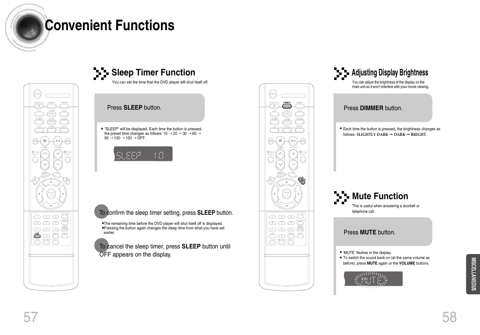 57 58 convenient functions, Sleep timer function, Adjusting display brightness | Mute function | Samsung HTDB120TH-XAX User Manual | Page 12 / 15