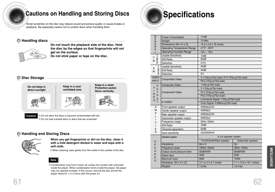 62 specifications 61, Cautions on handling and storing discs | Samsung HTDB120TH-XAX User Manual | Page 14 / 15