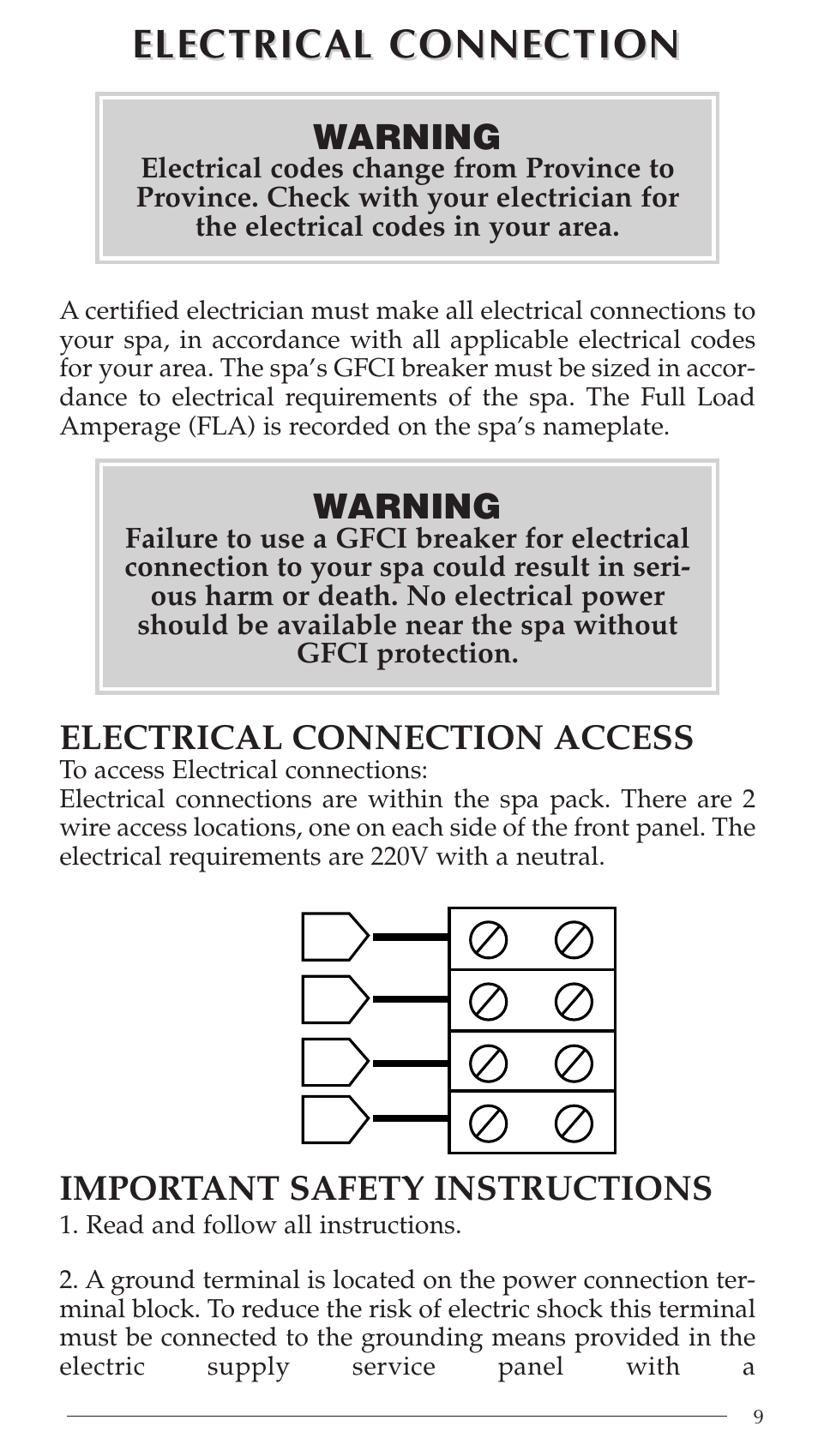 L2 n gnd l1, Electrical connection | Aruba Spa Hot Tub Models 2003 User Manual | Page 10 / 42