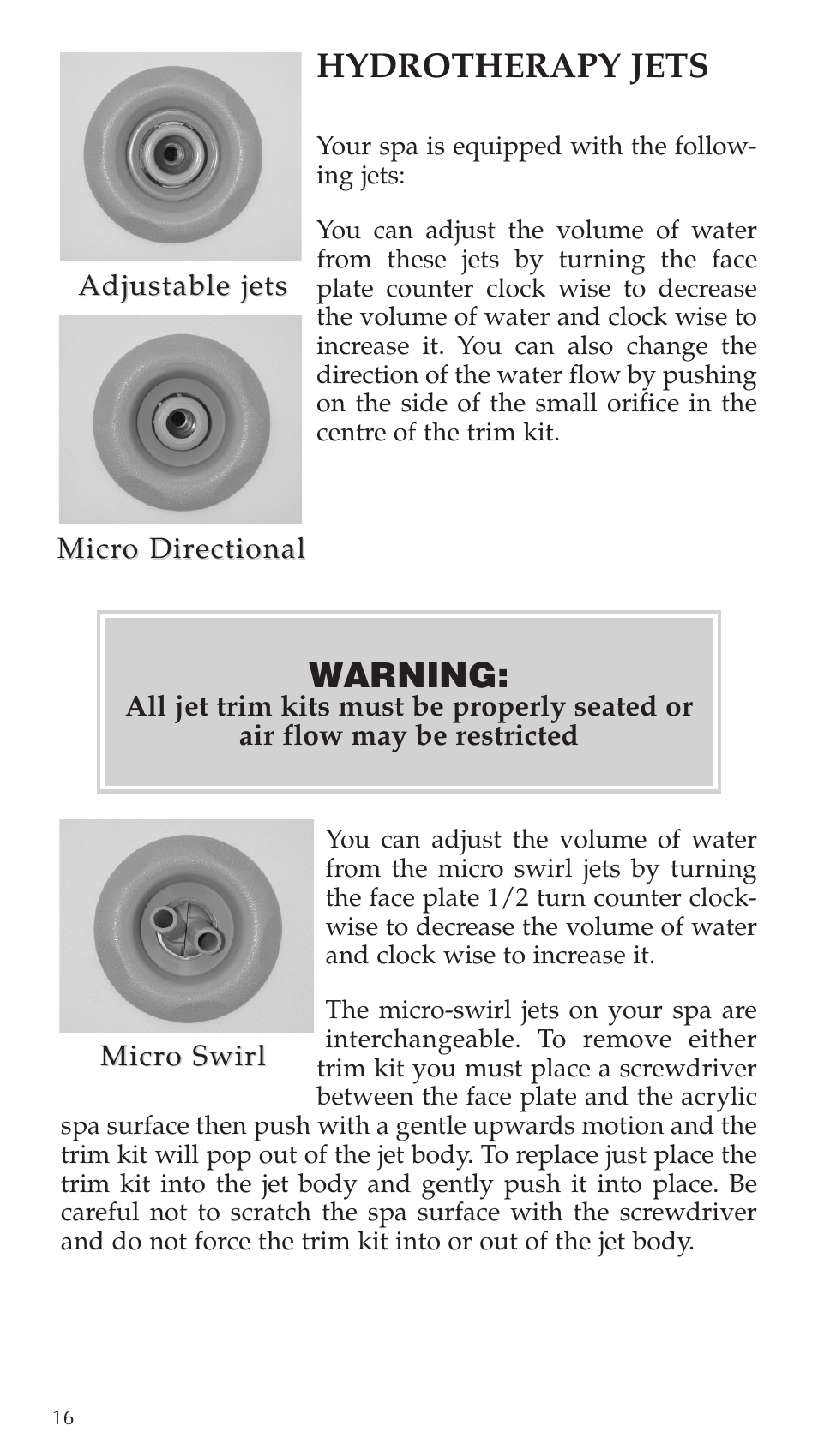 Hydrotherapy jets, Warning | Aruba Spa Hot Tub Models 2003 User Manual | Page 17 / 42