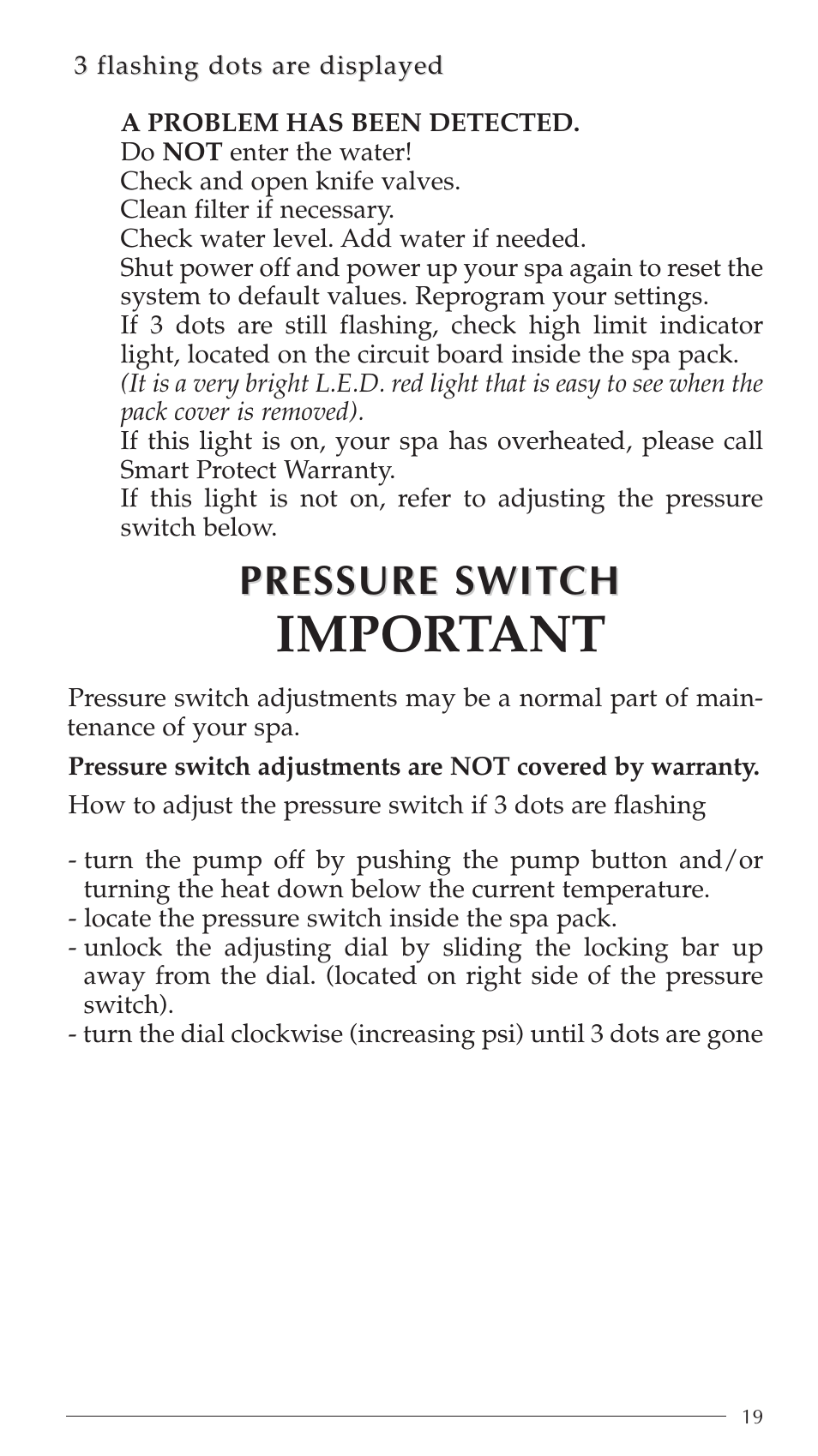 Important, Pressure switch | Aruba Spa Hot Tub Models 2003 User Manual | Page 20 / 42