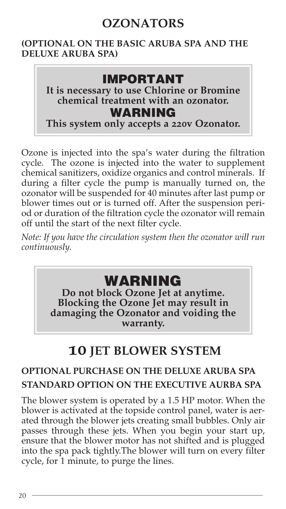 Warning, Ozonators, Jet blower system | Important | Aruba Spa Hot Tub Models 2003 User Manual | Page 21 / 42