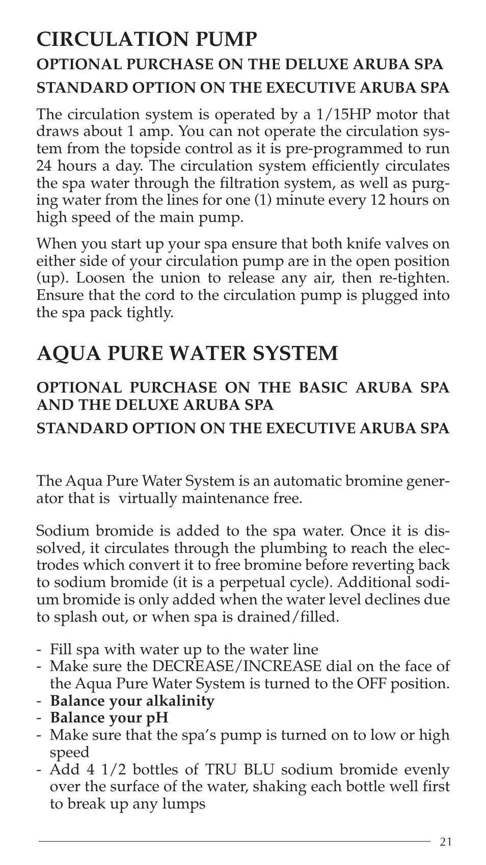 Circulation pump, Aqua pure water system | Aruba Spa Hot Tub Models 2003 User Manual | Page 22 / 42