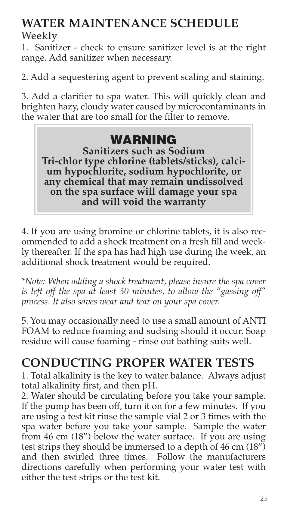 Water maintenance schedule, Conducting proper water tests, Warning | Aruba Spa Hot Tub Models 2003 User Manual | Page 26 / 42