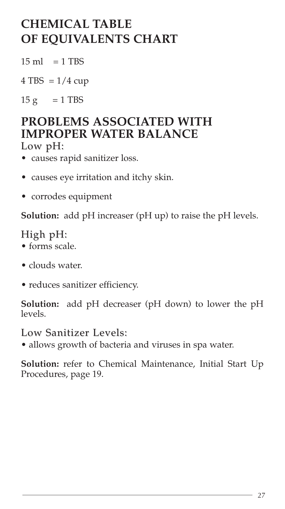 Chemical table of equivalents chart, Problems associated with improper water balance | Aruba Spa Hot Tub Models 2003 User Manual | Page 28 / 42