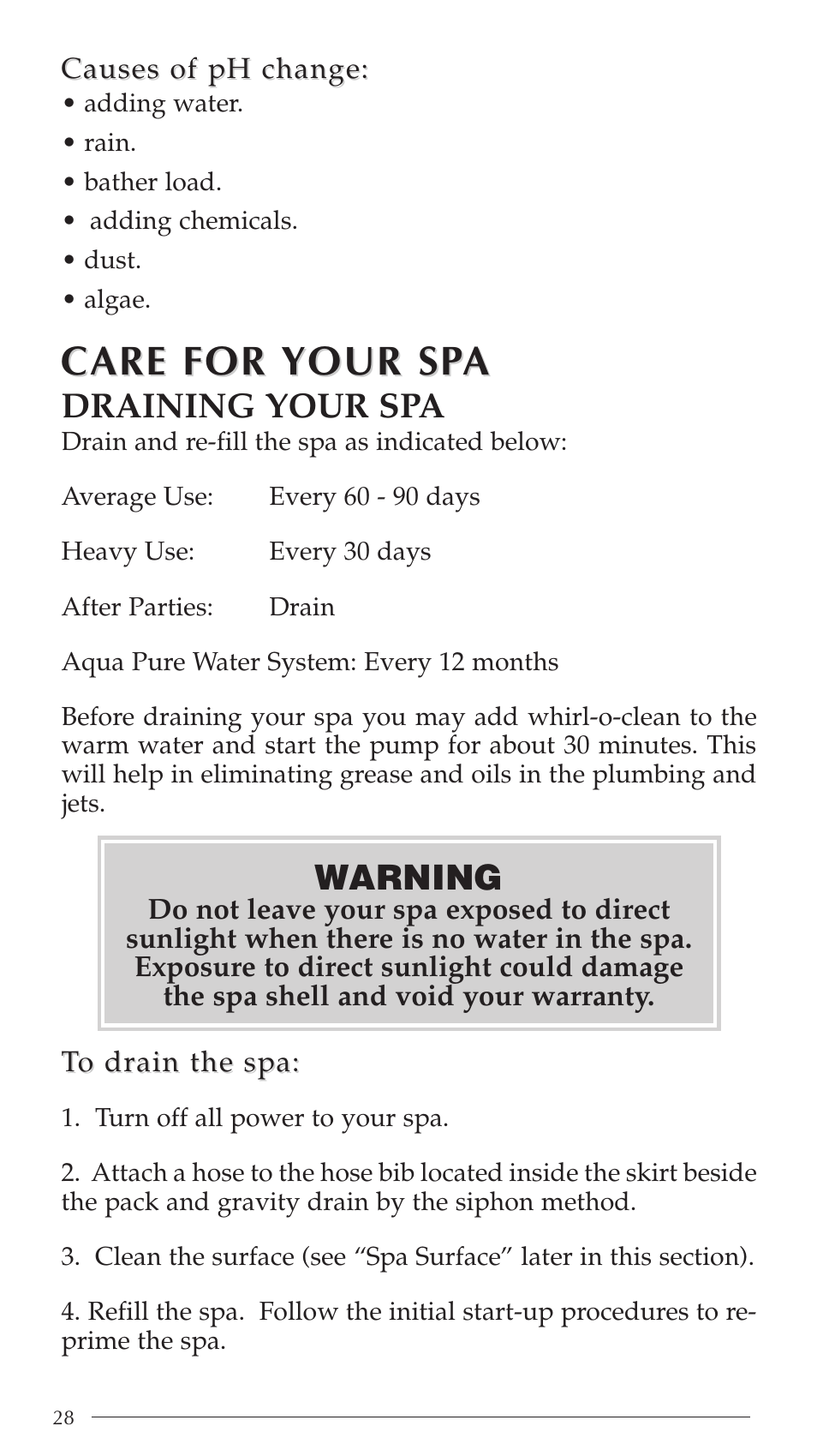 Care for, Care for your sp your sp a a, Draining your spa | Warning | Aruba Spa Hot Tub Models 2003 User Manual | Page 29 / 42