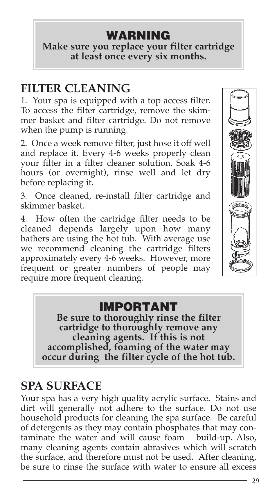 Filter cleaning, Spa surface, Important | Warning | Aruba Spa Hot Tub Models 2003 User Manual | Page 30 / 42