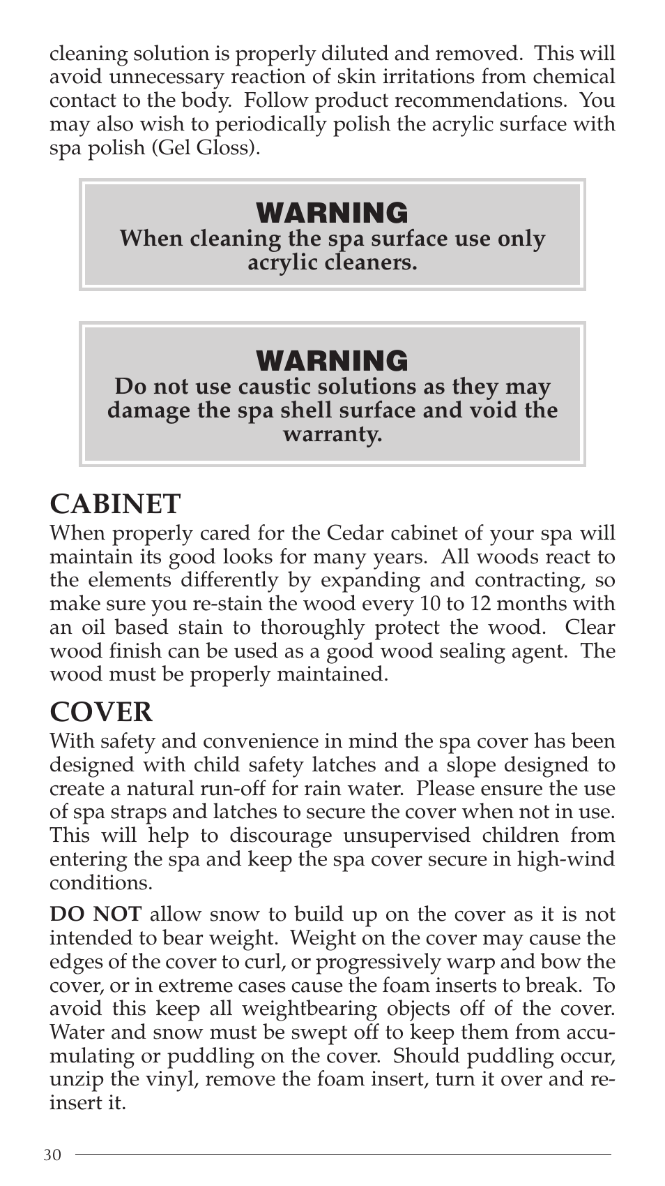 Cabinet, Cover, Warning | Aruba Spa Hot Tub Models 2003 User Manual | Page 31 / 42