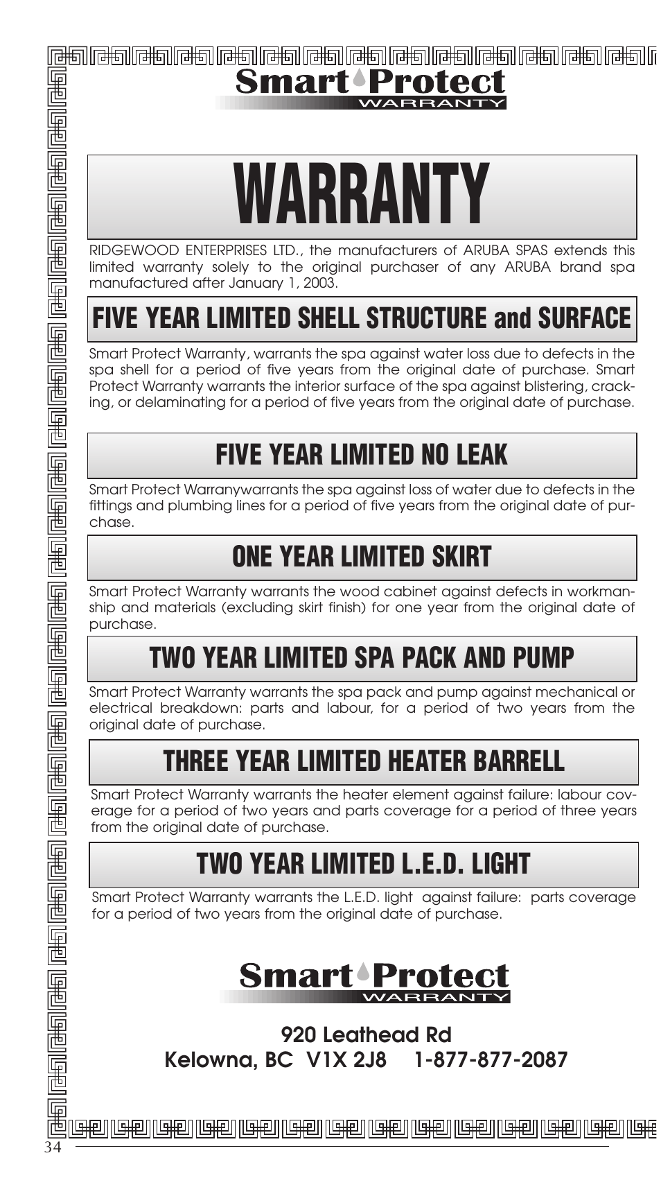 Warranty | Aruba Spa Hot Tub Models 2003 User Manual | Page 35 / 42