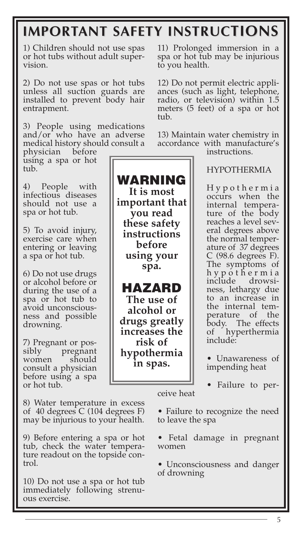 Tions, Import, Import ant safety ant safety instruc instruc | Warning, Hazard | Aruba Spa Hot Tub Models 2003 User Manual | Page 6 / 42