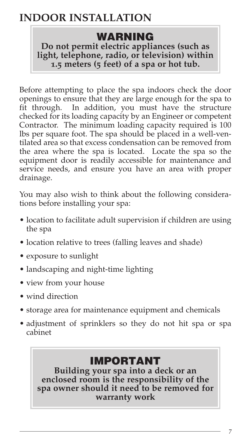 Indoor installation, Important, Warning | Aruba Spa Hot Tub Models 2003 User Manual | Page 8 / 42