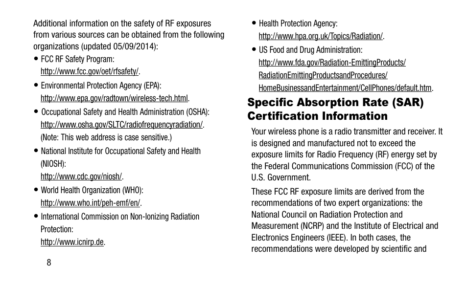 Specific absorption rate (sar) certification, Information | Samsung SGH-I257ZKAATT User Manual | Page 14 / 58