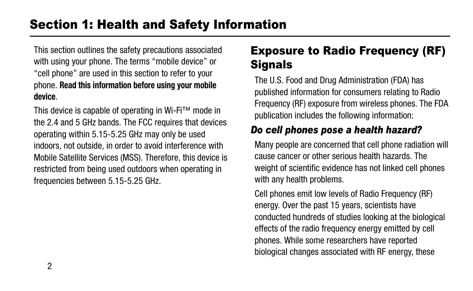 Section 1: health and safety information, Exposure to radio frequency (rf) signals | Samsung SGH-I257ZKAATT User Manual | Page 8 / 58