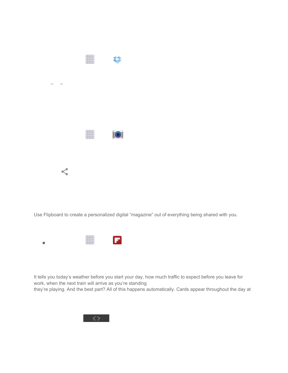 Accessing dropbox on your device, Manually uploading a picture to dropbox, Flipboard | Google now | Samsung SM-G860PZBASPR User Manual | Page 123 / 220