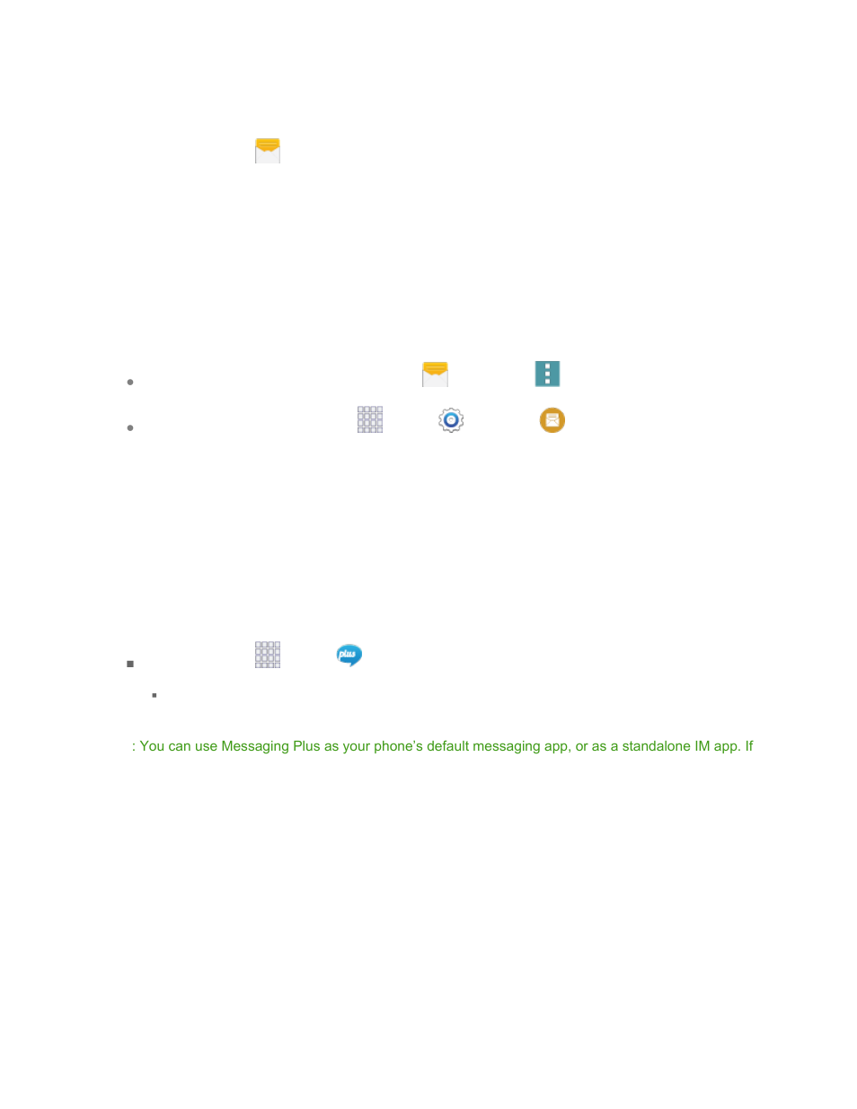 Access messages settings, Messaging plus, Message settings | Samsung SM-G860PZBASPR User Manual | Page 79 / 220