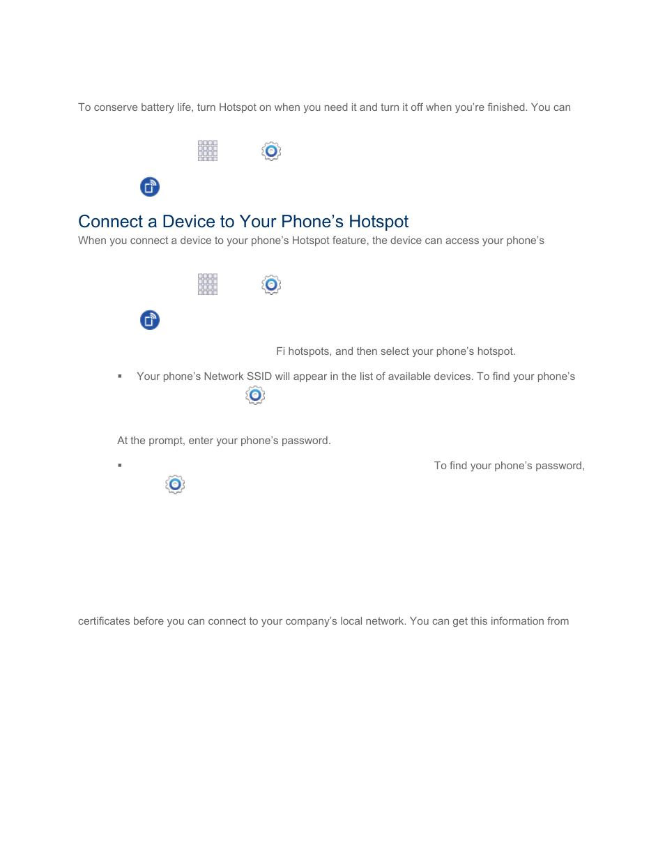 Turn hotspot on or off, Connect a device to your phone’s hotspot, Virtual private networks (vpn) | Prepare your phone for vpn connection | Samsung SM-G860PZBASPR User Manual | Page 97 / 220