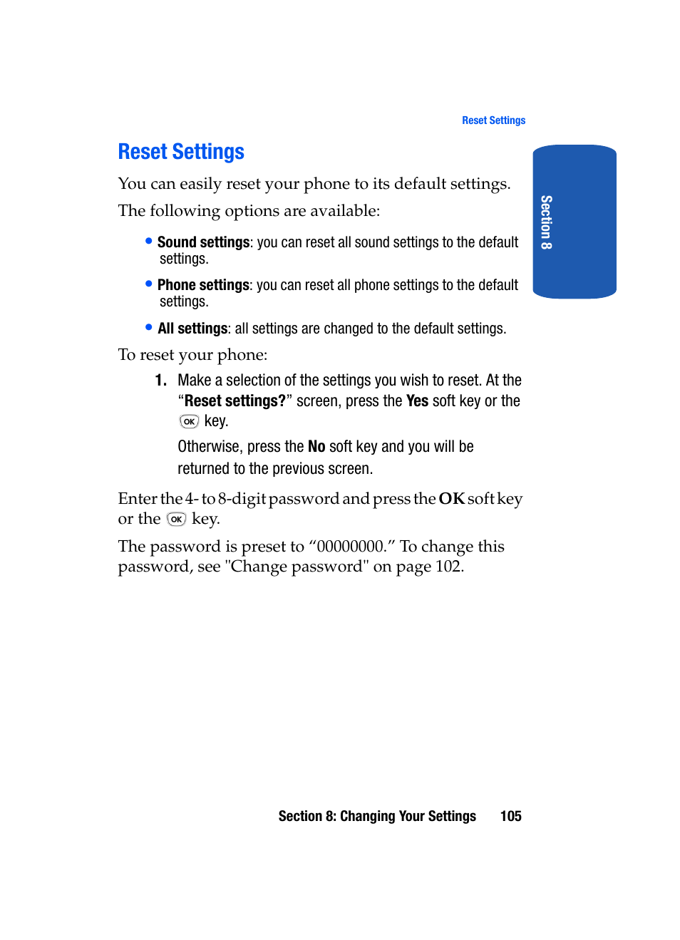 Reset settings | Samsung SGH-T209NBBTMB User Manual | Page 109 / 172
