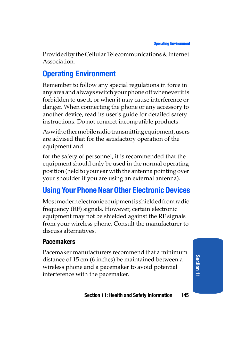 Operating environment, Using your phone near other electronic devices | Samsung SGH-T209NBBTMB User Manual | Page 149 / 172