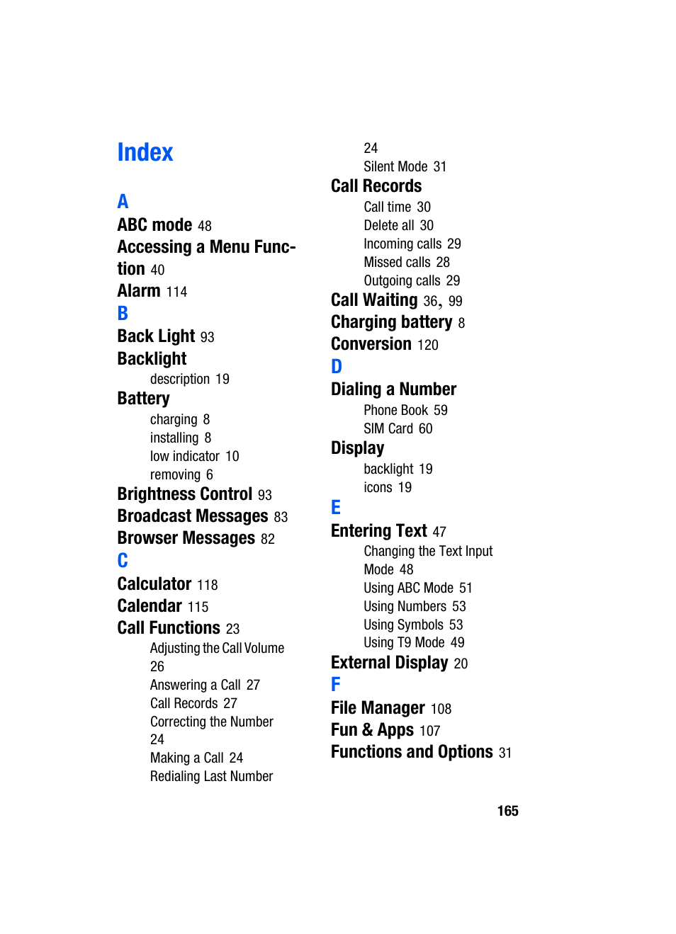 Index | Samsung SGH-T209NBBTMB User Manual | Page 169 / 172
