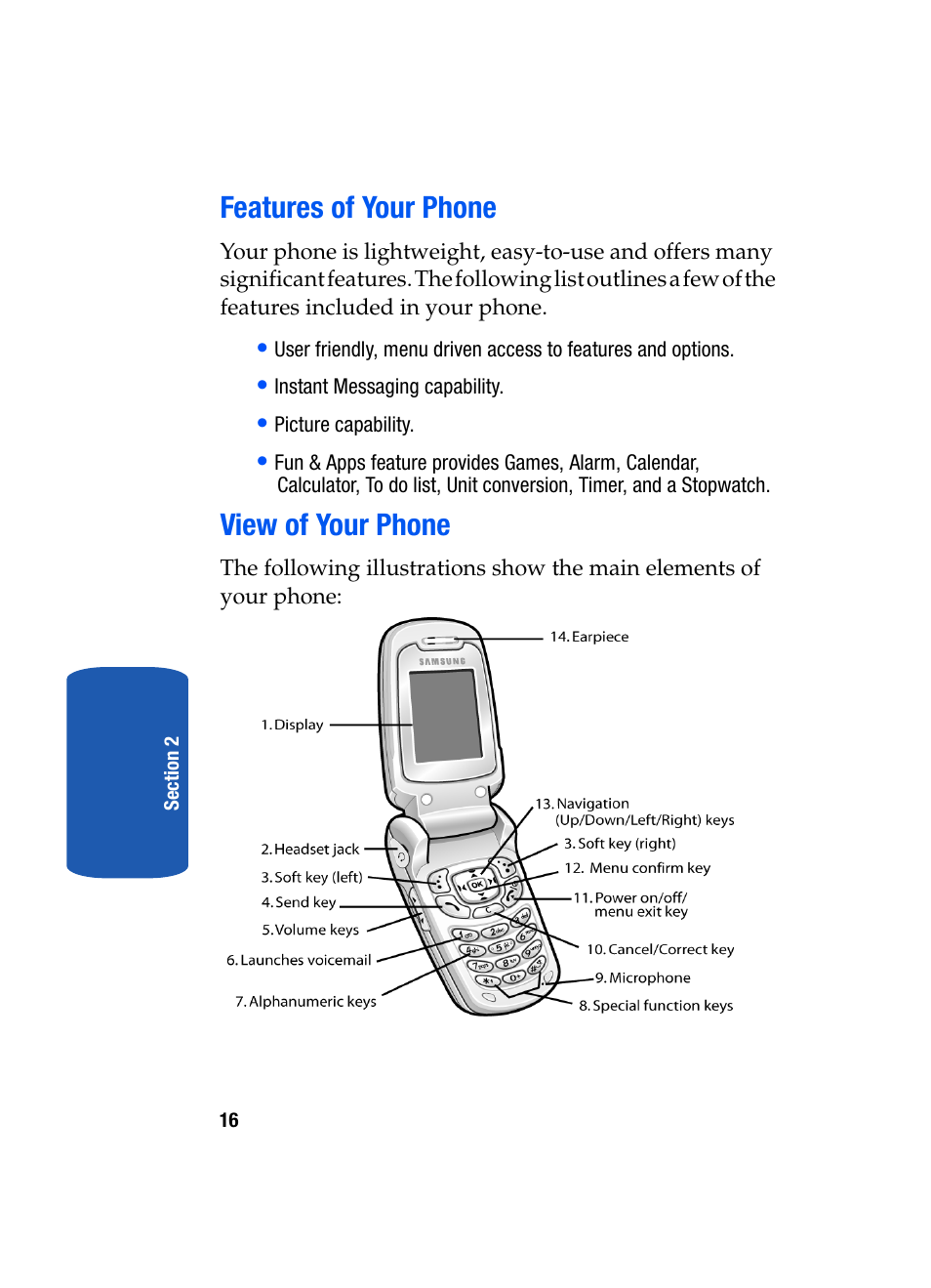 Features of your phone view of your phone, Features of your phone, View of your phone | Samsung SGH-T209NBBTMB User Manual | Page 20 / 172