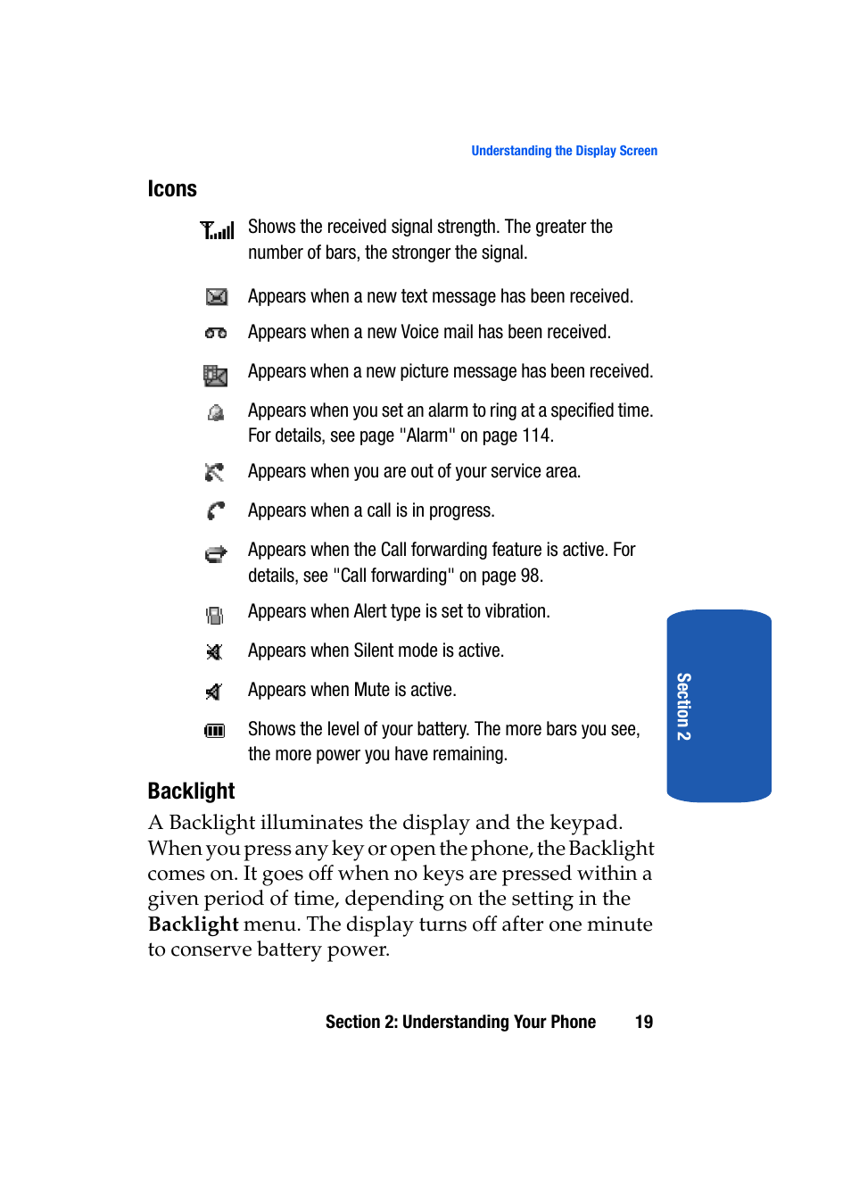 Icons, Backlight | Samsung SGH-T209NBBTMB User Manual | Page 23 / 172
