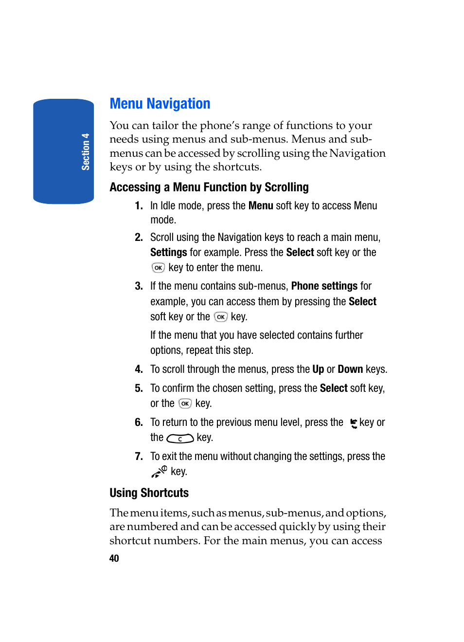 Menu navigation | Samsung SGH-T209NBBTMB User Manual | Page 44 / 172