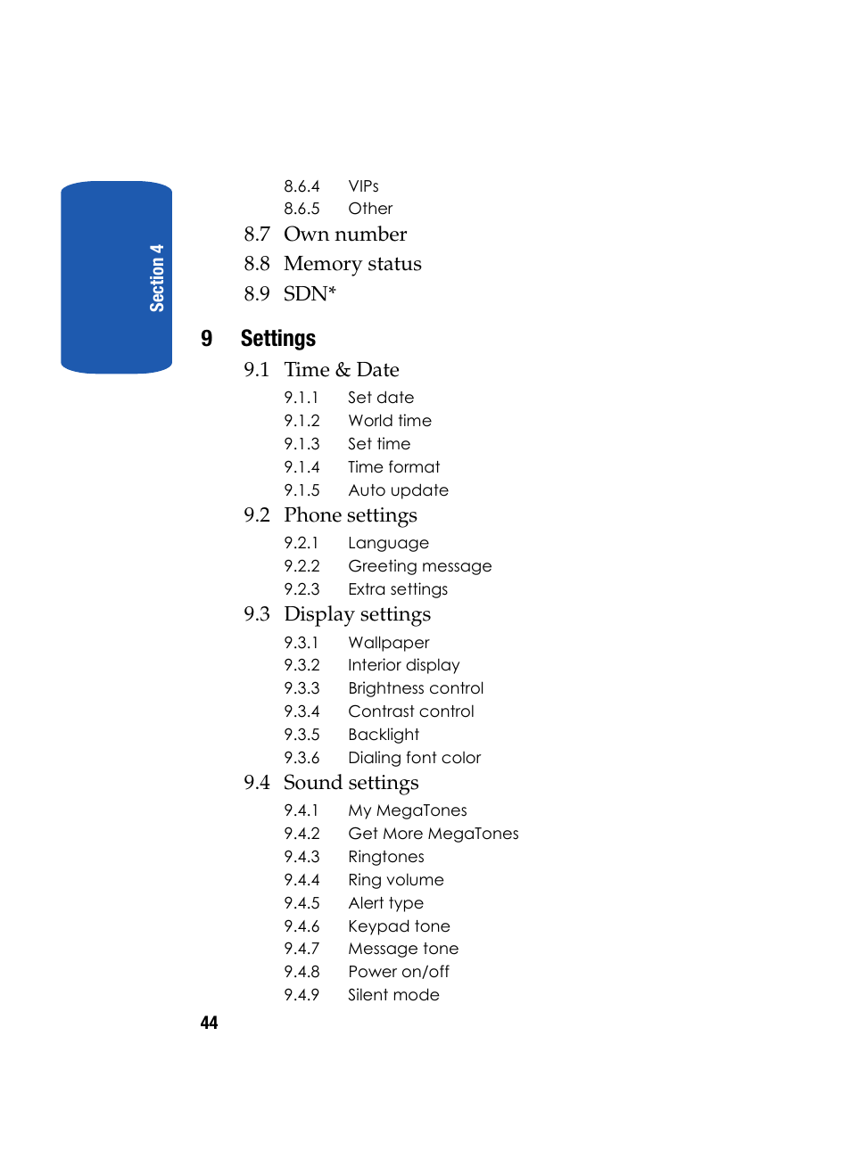 9settings, 1 time & date, 2 phone settings | 3 display settings, 4 sound settings | Samsung SGH-T209NBBTMB User Manual | Page 48 / 172