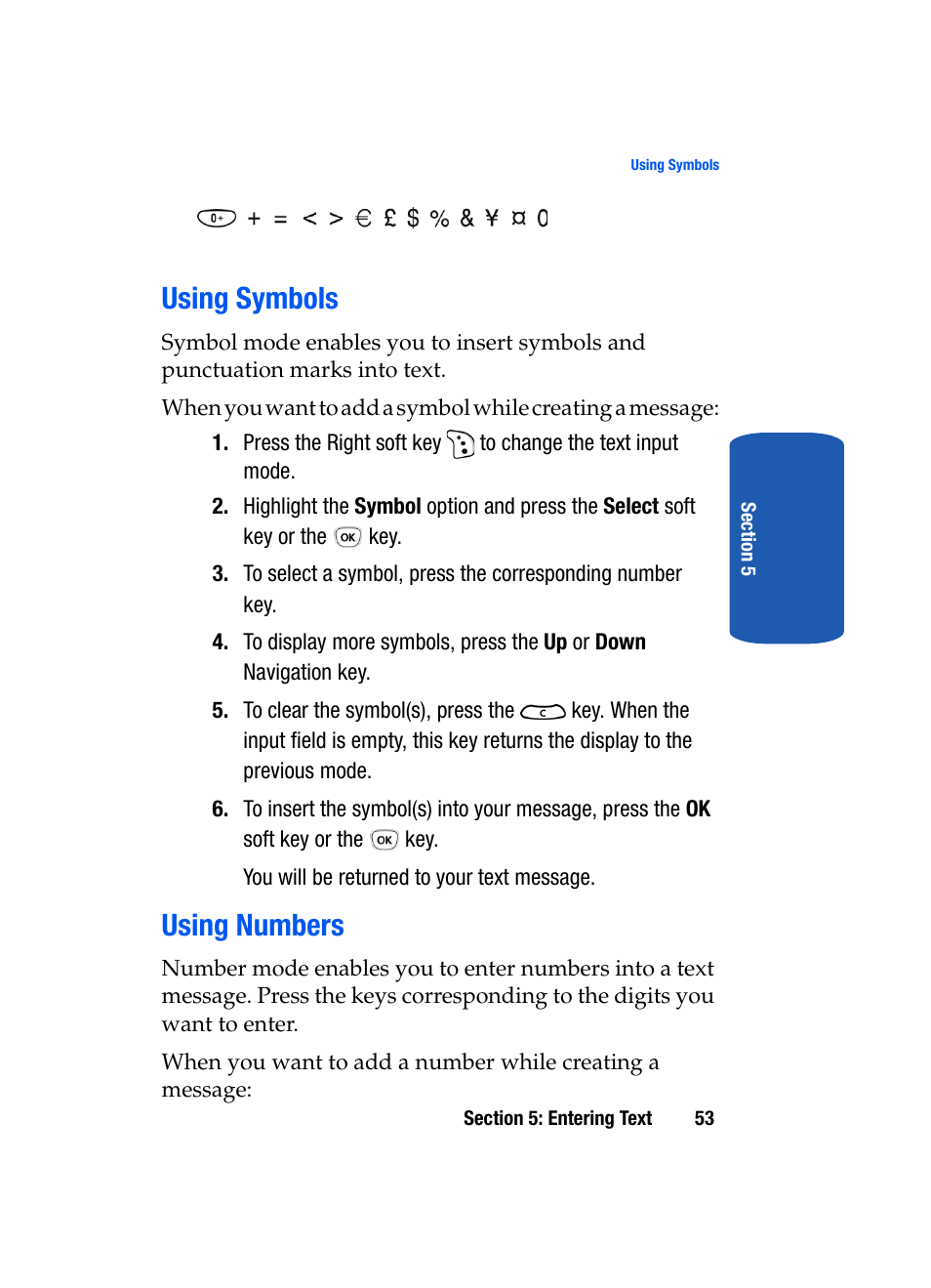 Using symbols using numbers, Using symbols, Using numbers | Samsung SGH-T209NBBTMB User Manual | Page 57 / 172