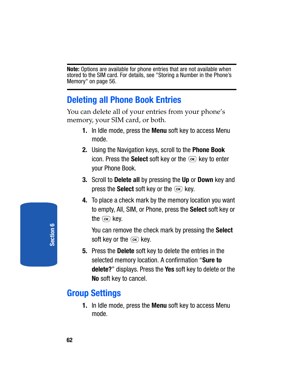 Deleting all phone book entries group settings, Deleting all phone book entries, Group settings | Samsung SGH-T209NBBTMB User Manual | Page 66 / 172