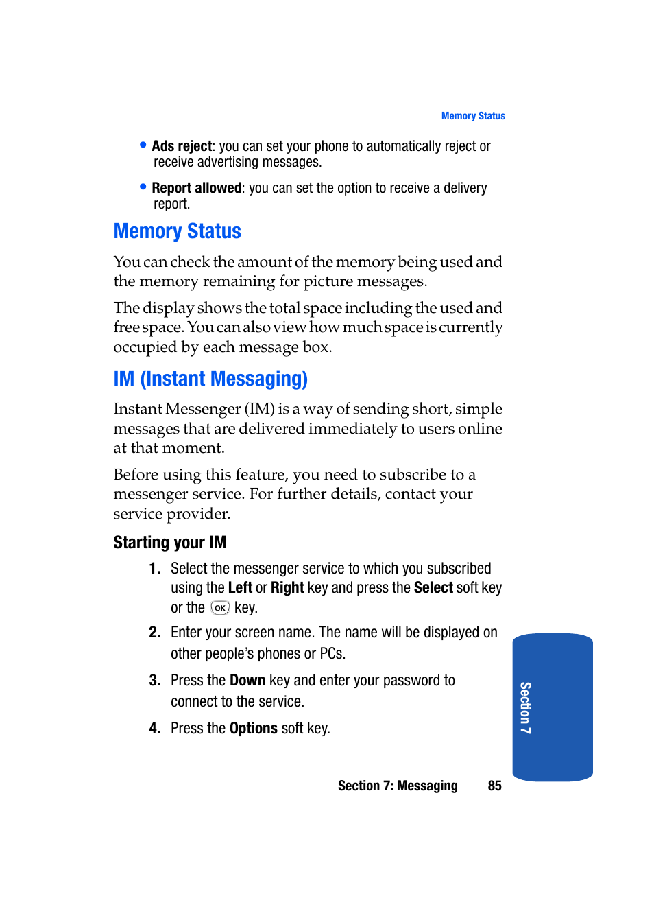 Memory status im (instant messaging), Im (instant messaging) | Samsung SGH-T209NBBTMB User Manual | Page 89 / 172