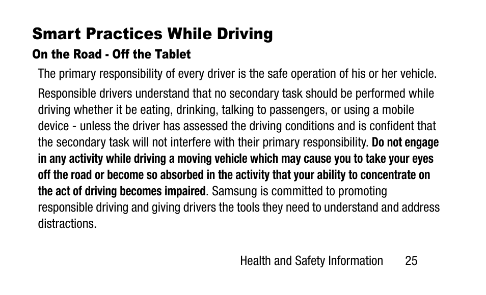 Smart practices while driving | Samsung SM-T800NZWAXAR User Manual | Page 35 / 107