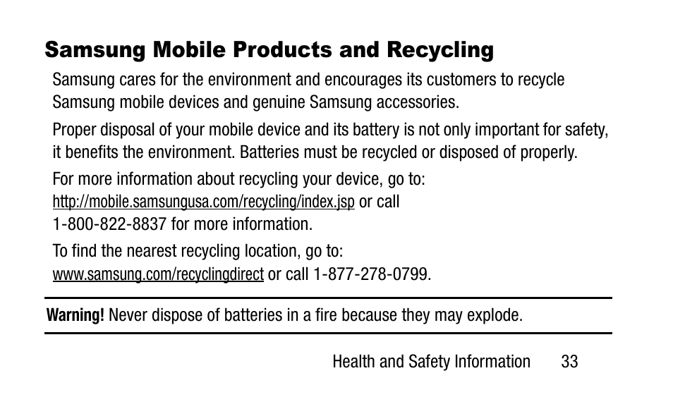 Samsung mobile products and recycling | Samsung SM-T800NZWAXAR User Manual | Page 43 / 107